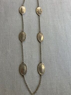 Long Hammered Oval Pendant 19.5” Necklace - Silver Tone